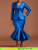 AOMEIDRESS Satin Two Pieces Set Peplum Blazer Tank Mermaid Dress