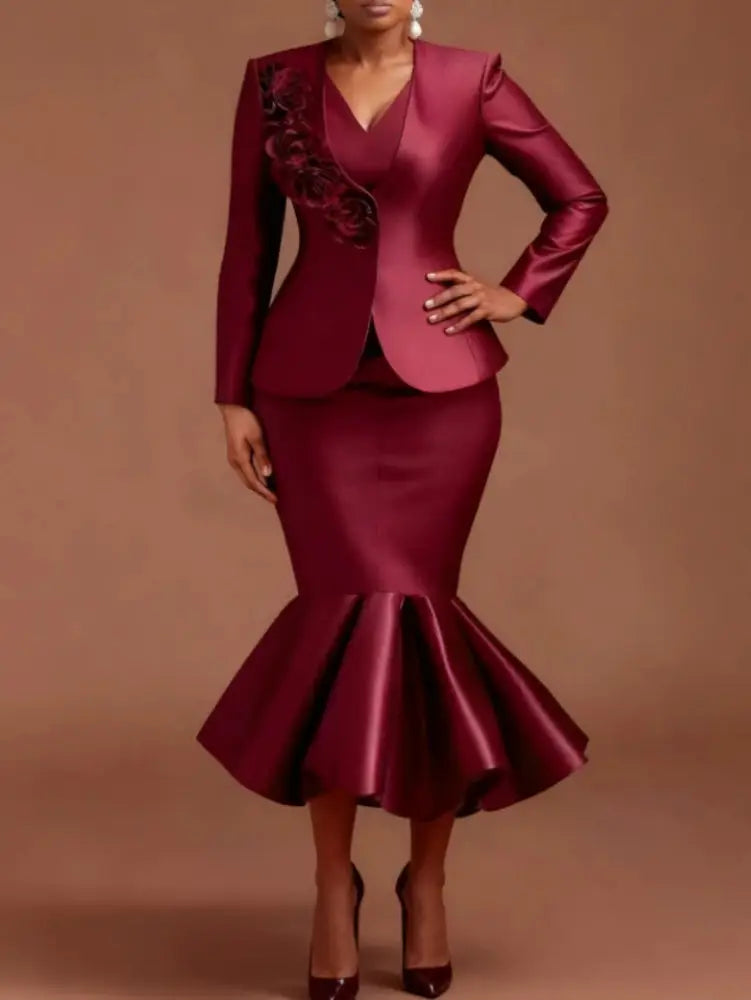 AOMEIDRESS Satin Two Pieces Set Peplum Blazer Tank Mermaid Dress