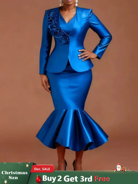 AOMEIDRESS Satin Two Pieces Set Peplum Blazer Tank Mermaid Dress