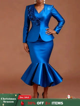 AOMEIDRESS Satin Two Pieces Set Peplum Blazer Tank Mermaid Dress