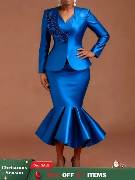 AOMEIDRESS Satin Two Pieces Set Peplum Blazer Tank Mermaid Dress