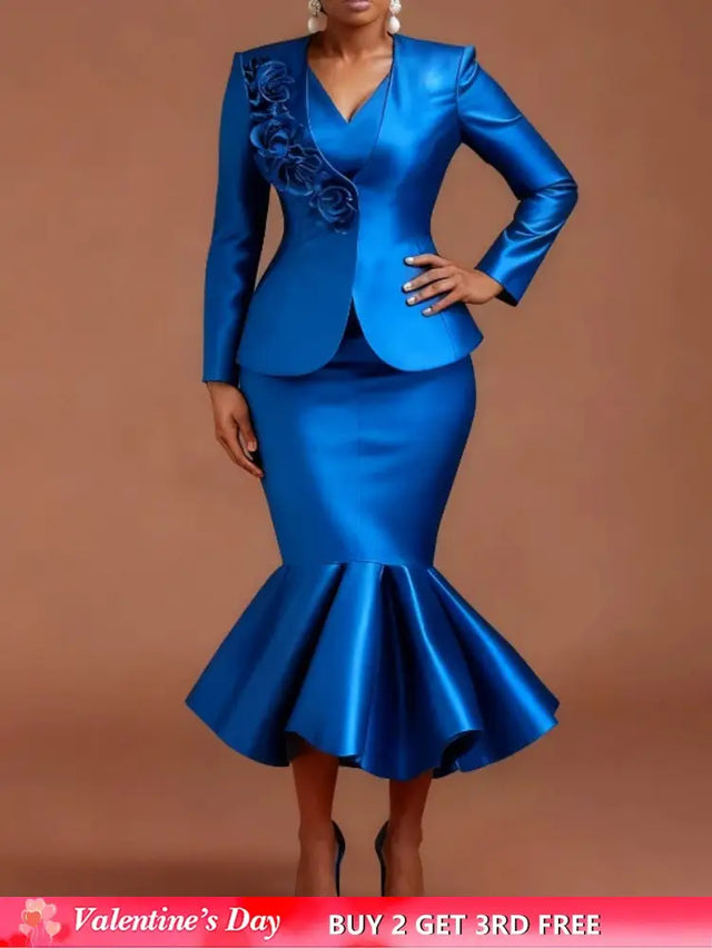 AOMEIDRESS Satin Two Pieces Set Peplum Blazer Tank Mermaid Dress