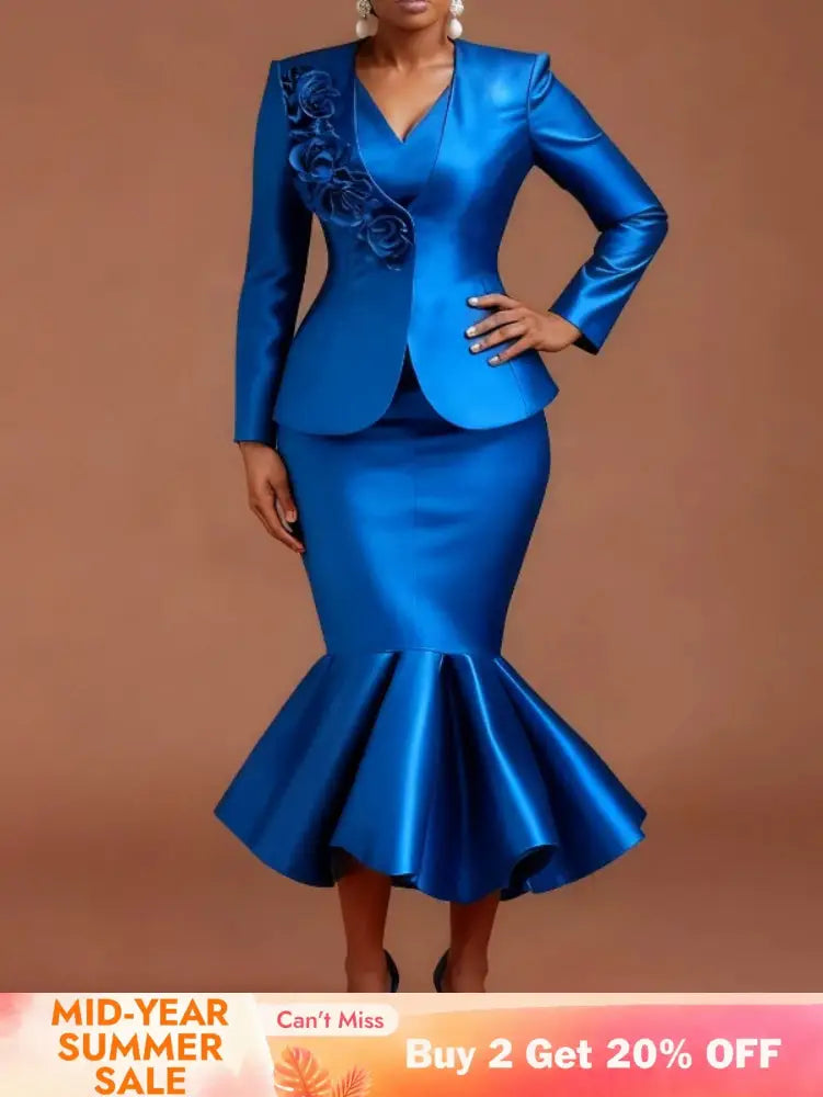 AOMEIDRESS Satin Two Pieces Set Peplum Blazer Tank Mermaid Dress