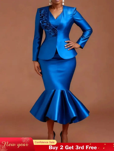 AOMEIDRESS Satin Two Pieces Set Peplum Blazer Tank Mermaid Dress