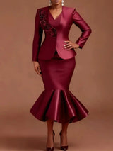 AOMEIDRESS Satin Two Pieces Set Peplum Blazer Tank Mermaid Dress