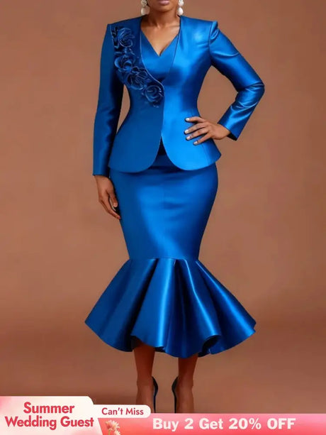 AOMEIDRESS Satin Two Pieces Set Peplum Blazer Tank Mermaid Dress