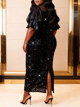 AOMEIDRESS Sequin Bodycon Party Dress Sheer Mesh Neck Puff Sleeves