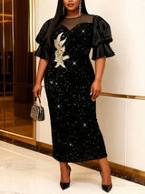 AOMEIDRESS Sequin Bodycon Party Dress Sheer Mesh Neck Puff Sleeves