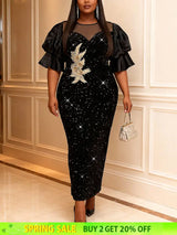 AOMEIDRESS Sequin Bodycon Party Dress Sheer Mesh Neck Puff Sleeves Black / L