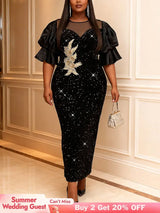 AOMEIDRESS Sequin Bodycon Party Dress Sheer Mesh Neck Puff Sleeves Black / L