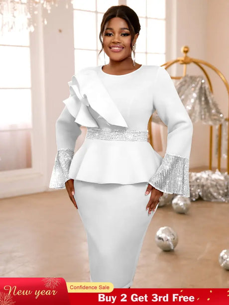 Sequined Peplum Church Dress with Ruffled Long Flare Sleeves