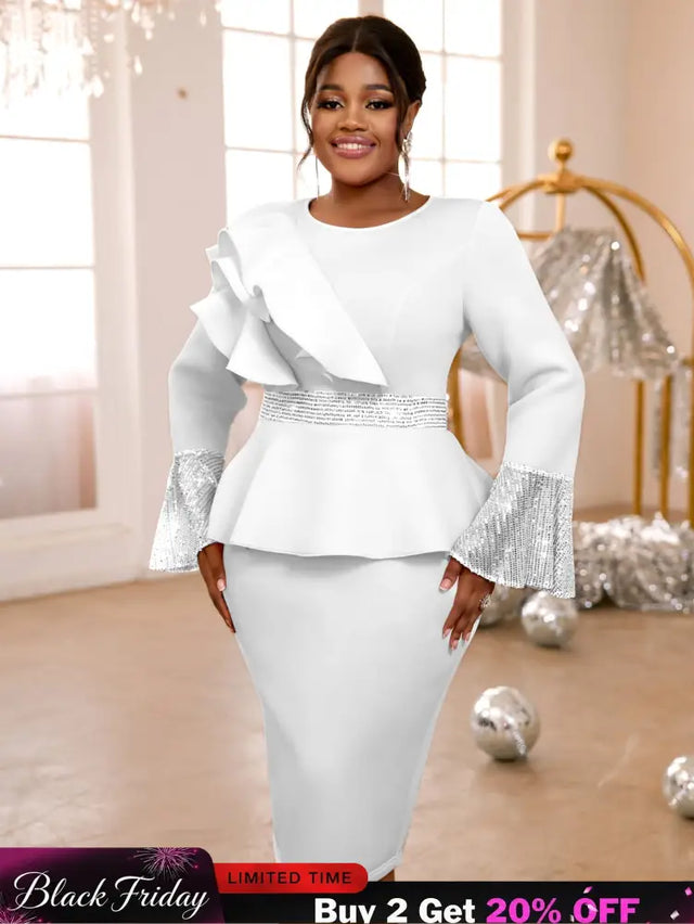 Sequined Peplum Church Dress with Ruffled Long Flare Sleeves
