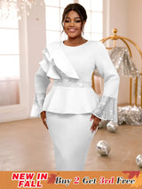 Sequined Peplum Church Dress with Ruffled Long Flare Sleeves