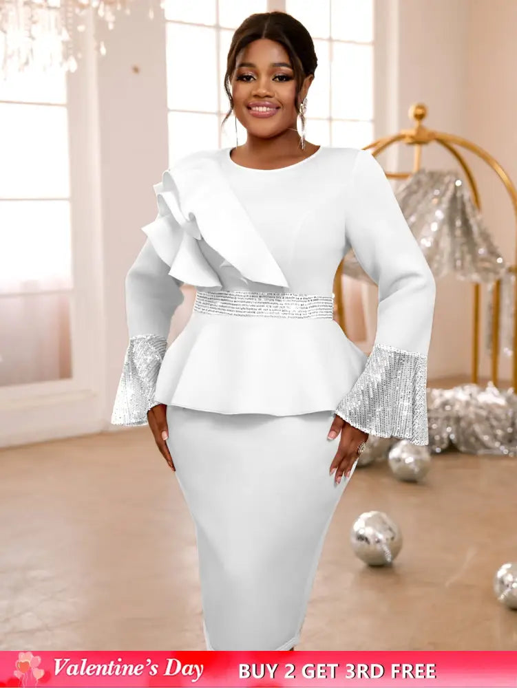 Sequined Peplum Church Dress with Ruffled Long Flare Sleeves