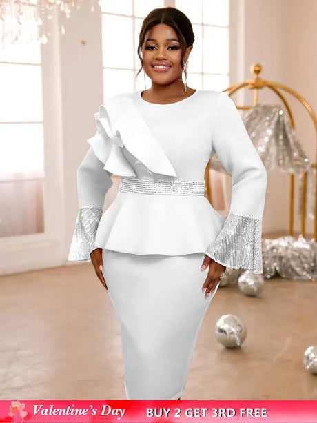 Sequined Peplum Church Dress with Ruffled Long Flare Sleeves