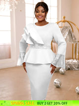 Sequined Peplum Church Dress with Ruffled Long Flare Sleeves