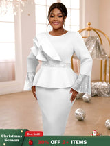 Sequined Peplum Church Dress with Ruffled Long Flare Sleeves