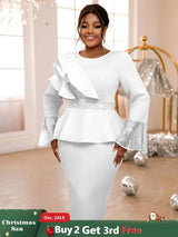 Sequined Peplum Church Dress with Ruffled Long Flare Sleeves