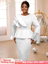 Sequined Peplum Church Dress with Ruffled Long Flare Sleeves