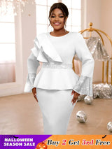 Sequined Peplum Church Dress with Ruffled Long Flare Sleeves