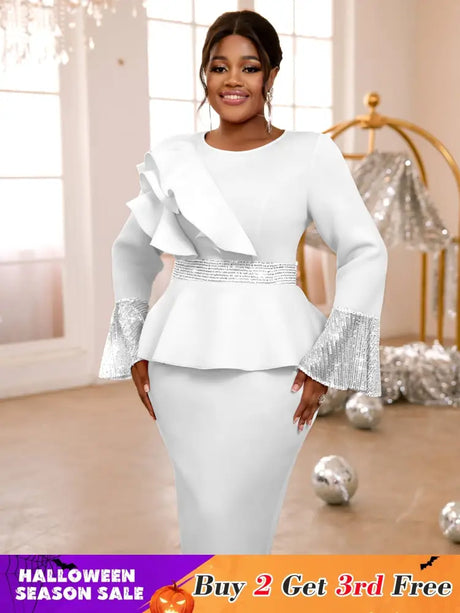 Sequined Peplum Church Dress with Ruffled Long Flare Sleeves