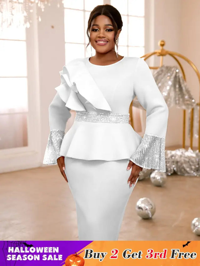Sequined Peplum Church Dress with Ruffled Long Flare Sleeves