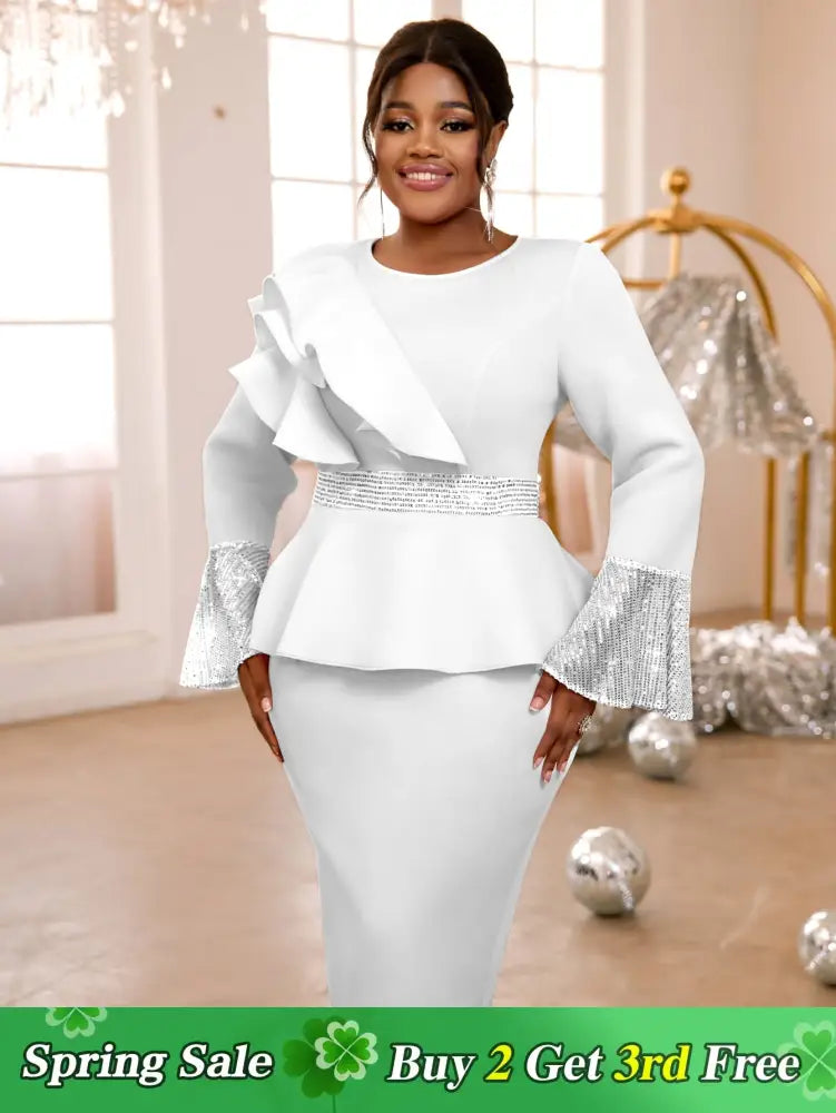 Sequined Peplum Church Dress with Ruffled Long Flare Sleeves