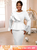Sequined Peplum Church Dress with Ruffled Long Flare Sleeves