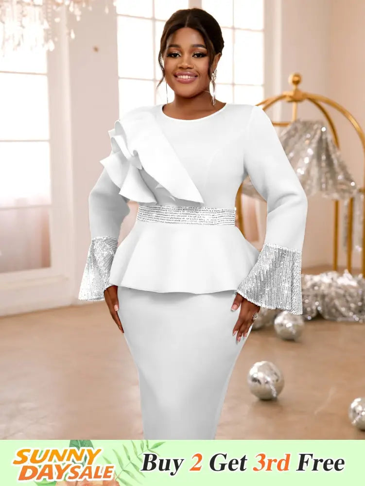 Sequined Peplum Church Dress with Ruffled Long Flare Sleeves