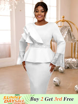 Sequined Peplum Church Dress with Ruffled Long Flare Sleeves