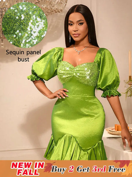 AOMEIDRESS Sequins Mini Sweetheart Collar Dresses For Wedding Guests Green / S