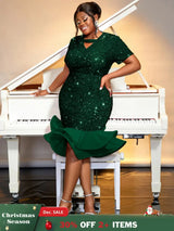 AOMEIDRESS Sequins Velvet Trumpet Dress Short Sleeve Package Hip Green / S