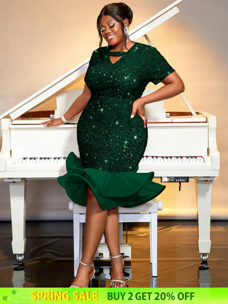 AOMEIDRESS Sequins Velvet Trumpet Dress Short Sleeve Package Hip Green / S