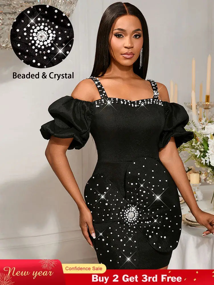 AOMEIDRESS Sexy Beaded Off Shoulder Mini Dresses For Club 3D Flower Black / S