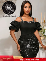 AOMEIDRESS Sexy Beaded Off Shoulder Mini Dresses For Club 3D Flower Black / S