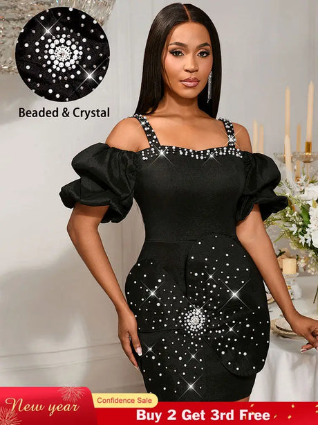 AOMEIDRESS Sexy Beaded Off Shoulder Mini Dresses For Club 3D Flower Black / S