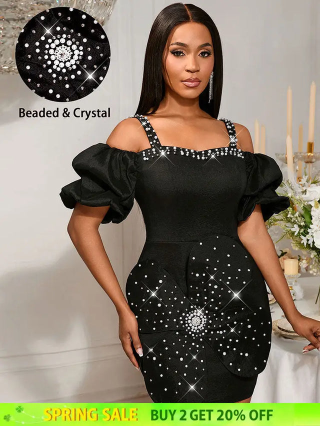 AOMEIDRESS Sexy Beaded Off Shoulder Mini Dresses For Club 3D Flower Black / S