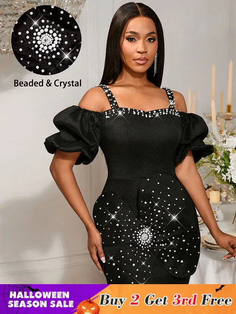 AOMEIDRESS Sexy Beaded Off Shoulder Mini Dresses For Club 3D Flower Black / S