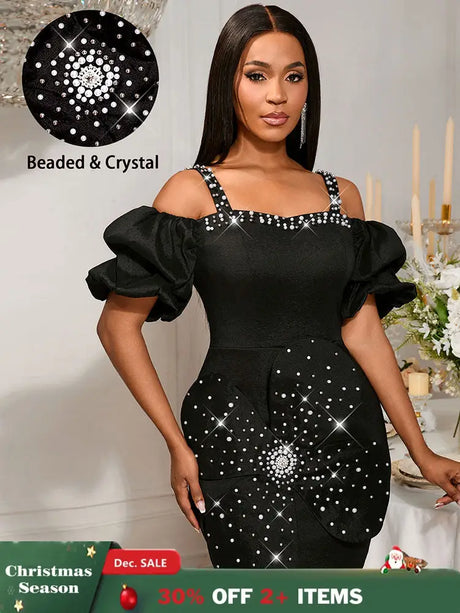 AOMEIDRESS Sexy Beaded Off Shoulder Mini Dresses For Club 3D Flower Black / S