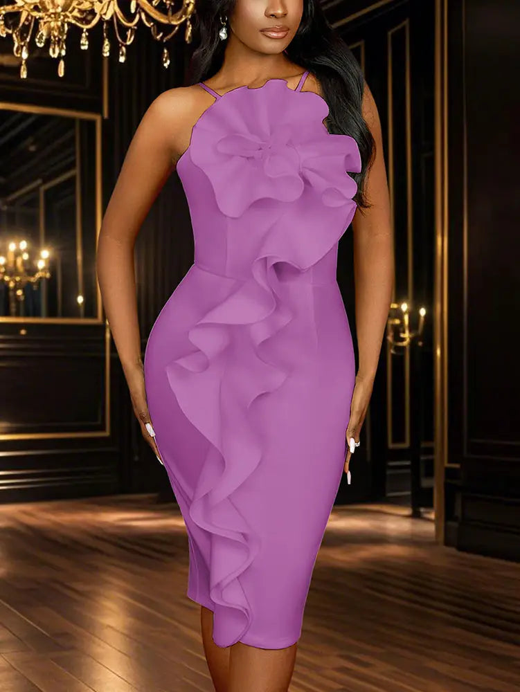 AOMEIDRESS Sexy Halter Bodycon Dress Ruffles for Event Party Weddings Lavender / S