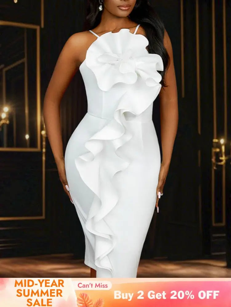 AOMEIDRESS Sexy Halter Bodycon Dress Ruffles for Event Party Weddings White / S