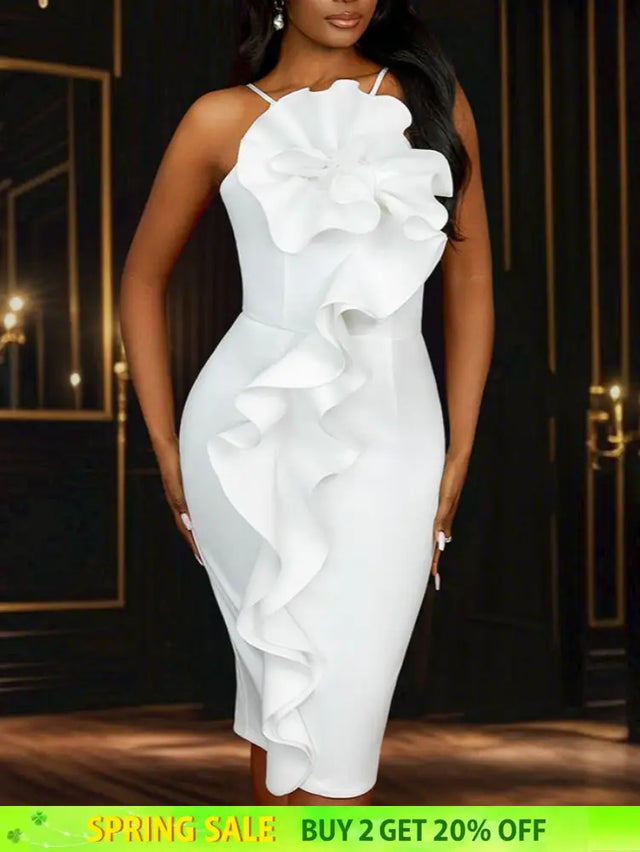 AOMEIDRESS Sexy Halter Bodycon Dress Ruffles for Event Party Weddings White / S