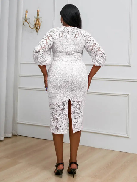 AOMEIDRESS Sexy Lace Bodycon Midi White Cocktail Dress for Women