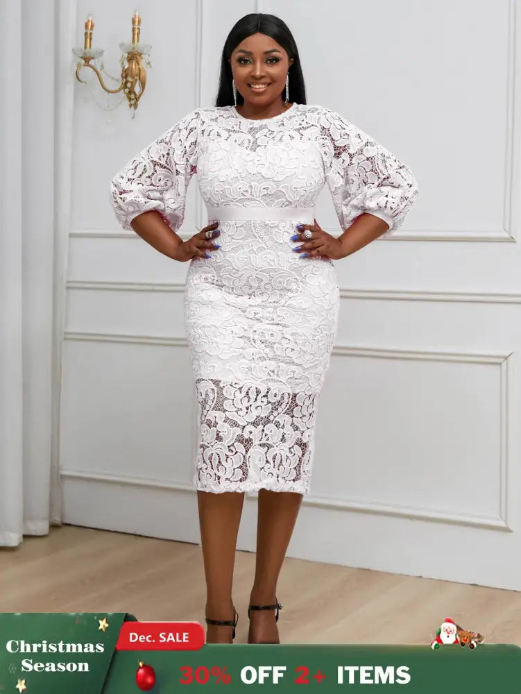 AOMEIDRESS Sexy Lace Bodycon Midi White Cocktail Dress for Women White / S