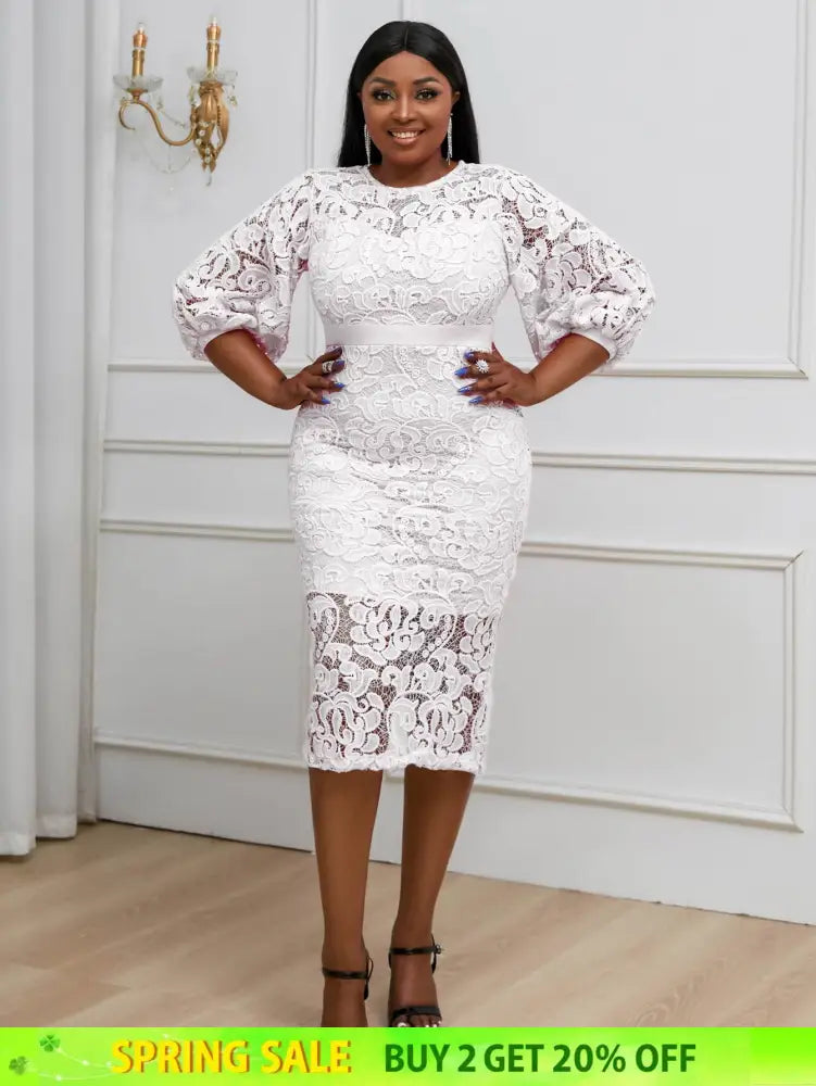 AOMEIDRESS Sexy Lace Bodycon Midi White Cocktail Dress for Women White / S