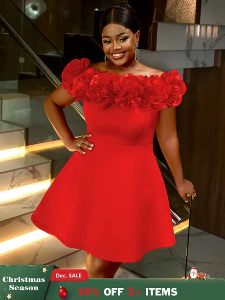 AOMEIDRESS Sexy Wedding Guest Dresses Slash Neck 3D Flower Club Wear Red / S