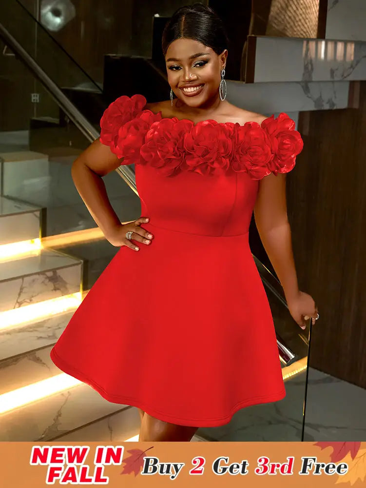 AOMEIDRESS Sexy Wedding Guest Dresses Slash Neck 3D Flower Club Wear Red / S