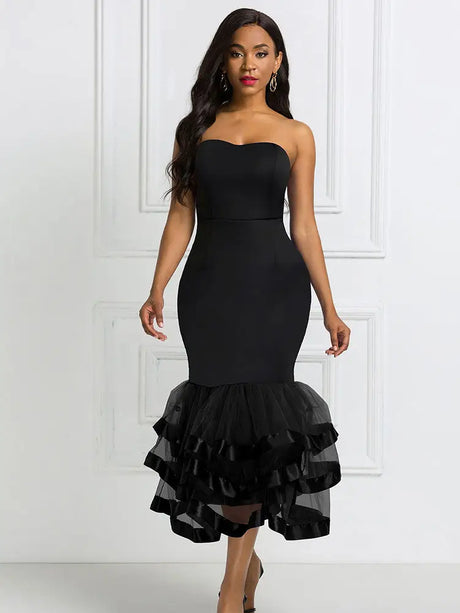 AOMEIDRESS Sexy Wedding Guests Dresses Strapless Backless Ruffle Black / S