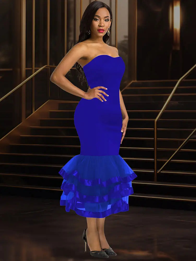 AOMEIDRESS Sexy Wedding Guests Dresses Strapless Backless Ruffle Blue / S