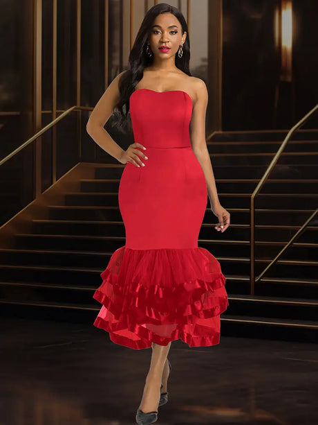 AOMEIDRESS Sexy Wedding Guests Dresses Strapless Backless Ruffle Red / S